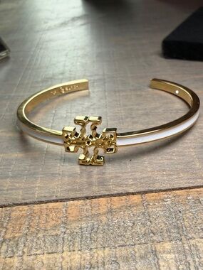 Tory Burch White Enamel and Gold Logo Cuff Bracelet